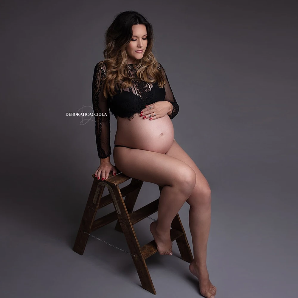 Tops cortos de encaje para fotografía de maternidad, sesión de fotos de manga completa para camisas negras, blusa Sexy para mujeres embarazadas