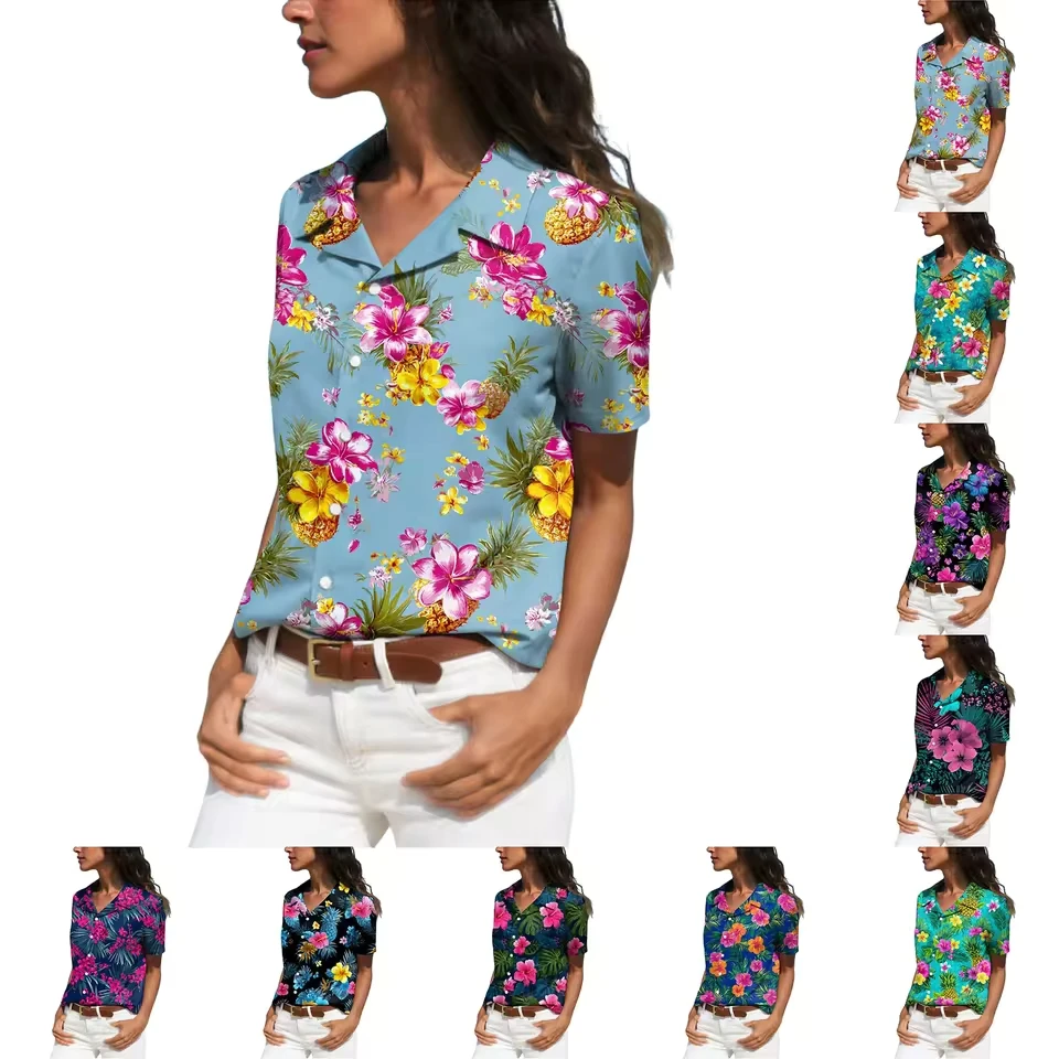 Women Casual Beach Print Shirt V Neck Short Sleeved Button Down Shirt Pocket Lapel Summer Blouses Fashion Youth Female Top