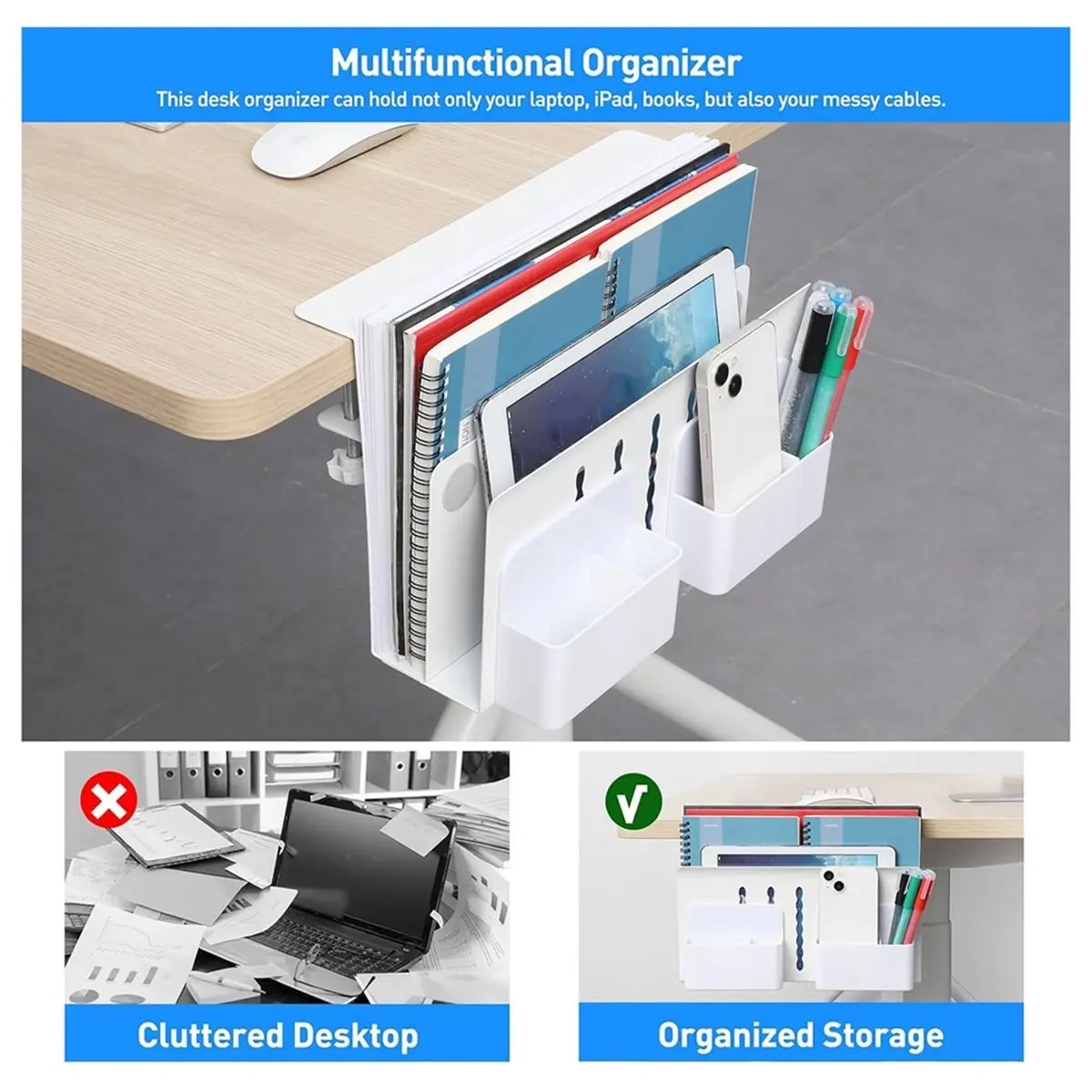 Desk Side Storage, Under Desk Laptop Mount, Table Side Hanging File Organizer, No Drill Clamp on Cable Management Tray
