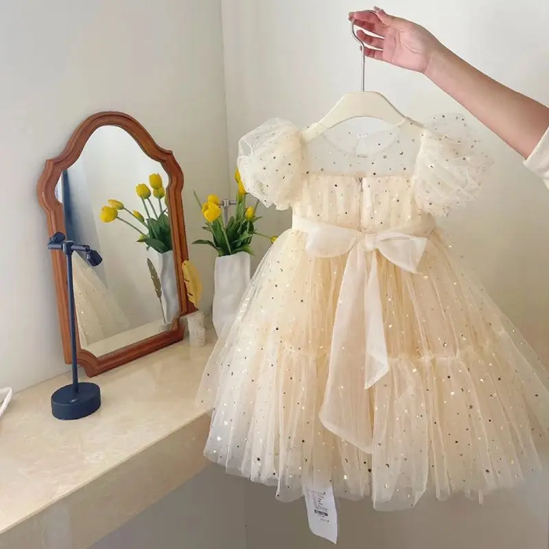 Summer New Baby Girl Dress Fashionable gauze + sequins Puff Sleeve Dress Suitable for Girls Aged 2-12 Years Long Dress