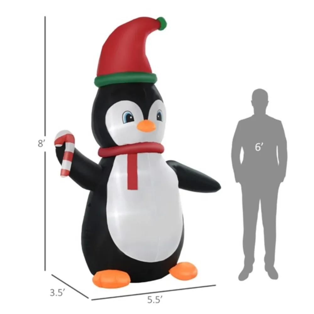 Penguin inflatables wearing Santa hats bring together a cohesive Christmas display - LED lights create a cheerful effect