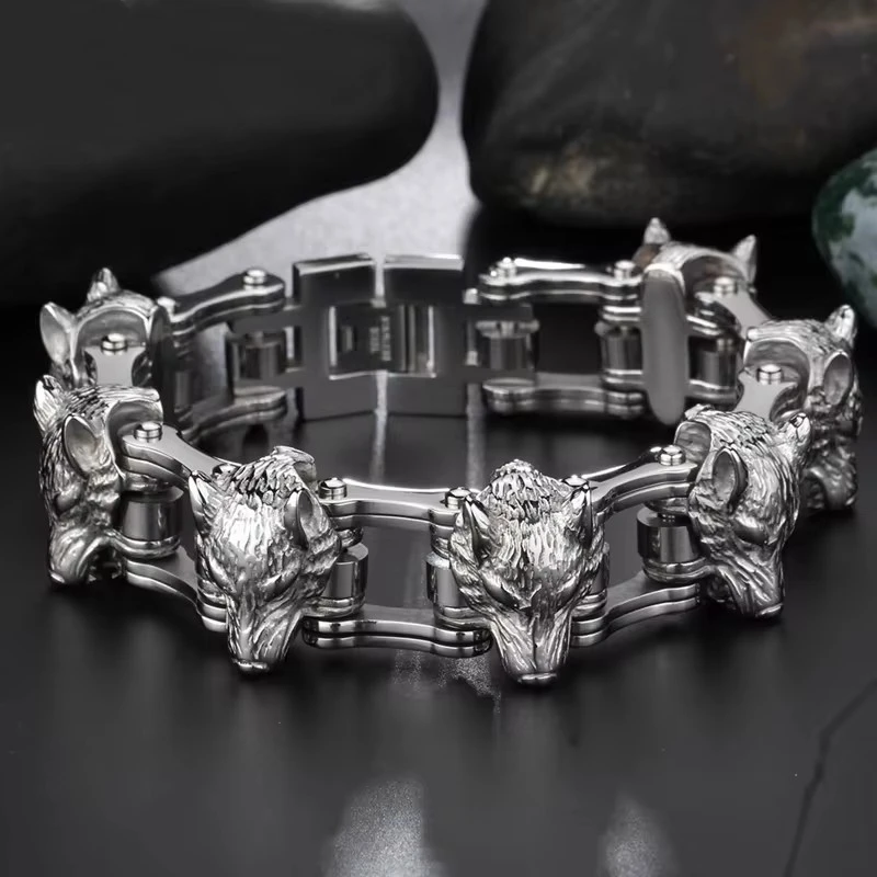 316L Stainless Steel Link Wolf Charm Chain Men Bracelets Jewelry Punk Biker Motorcycle Bangle