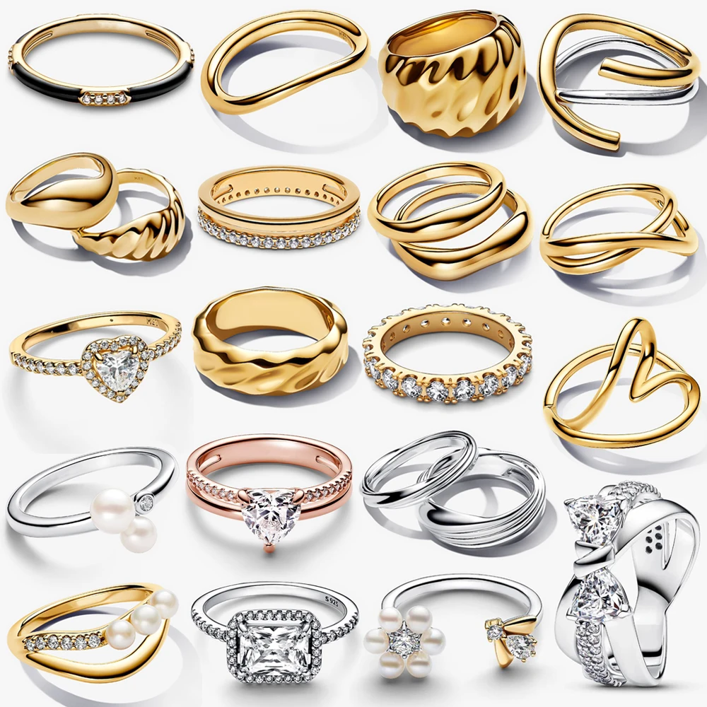 

2026 New 925 Silver Fashion Gold Ripple Double Loop Love Twisted Bee Princess Crown Bow Ring DIY Exquisite Charm Jewelry Gift