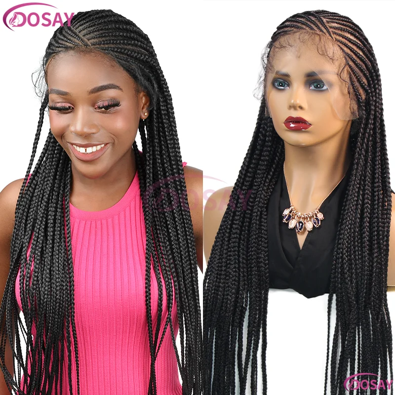 36 "شعر مستعار اصطناعي كامل الدانتيل الجبهة الباروكات للنساء السود Knotless صندوق تجديل الشعر شعر مستعار أسود للبيع #3