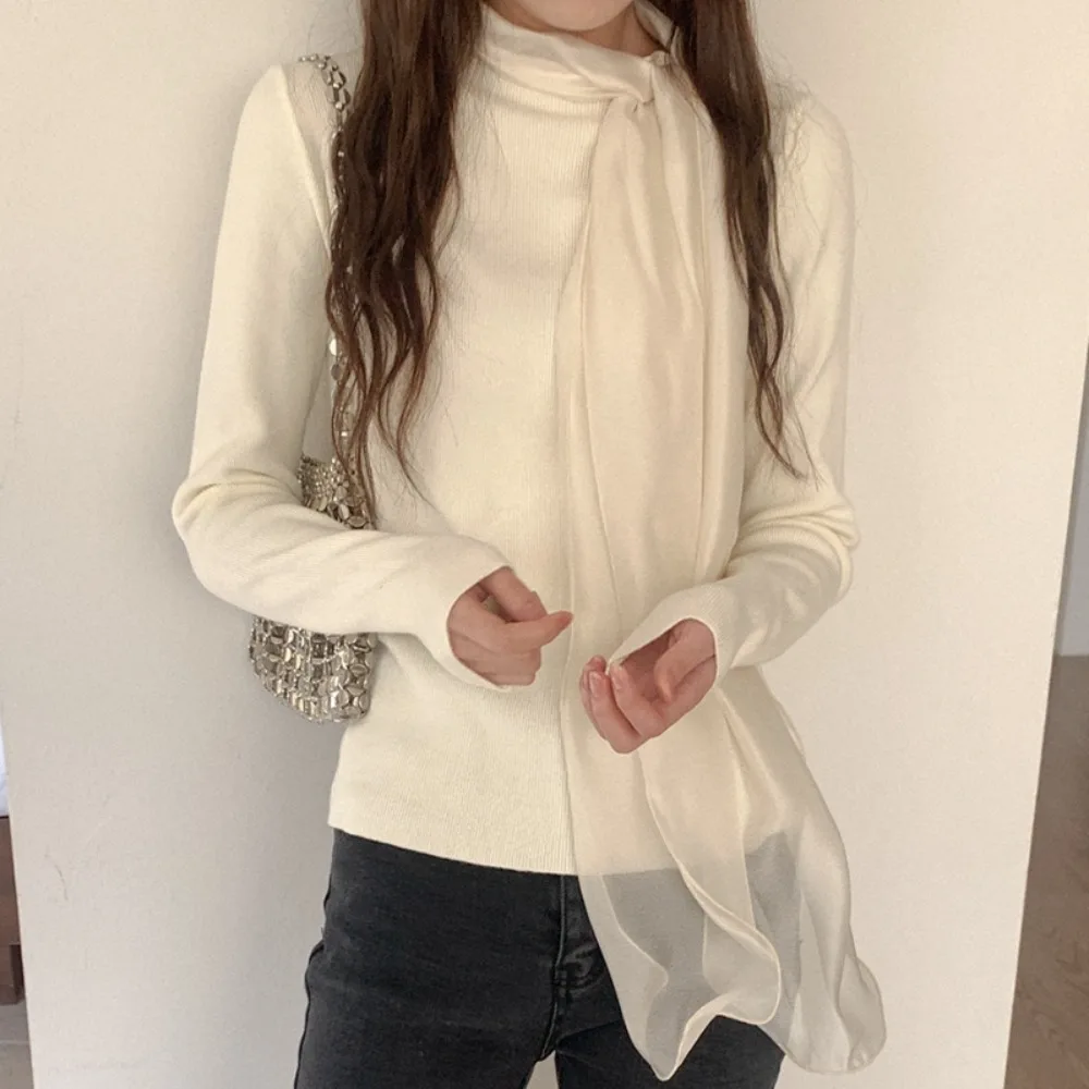 Neploe Korea Chic Early Spring New Undershirt French Style Bow Knit Lace Up Pull Femme Casual All-match Celebrity Exquisite Top