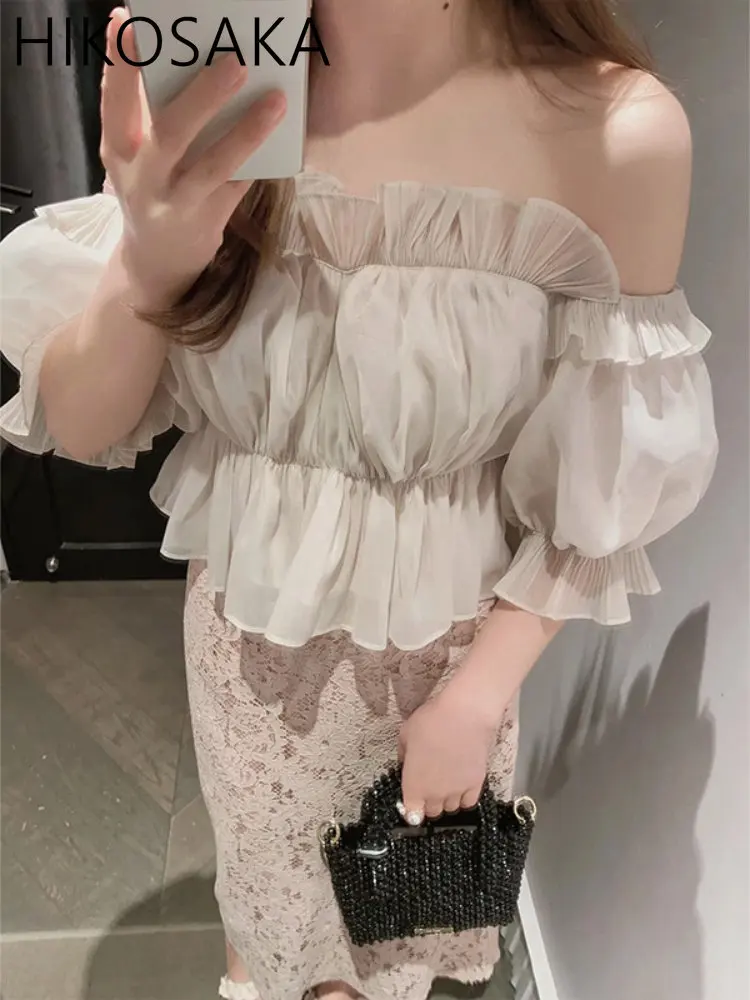 Japanese Chiffon Slash Neck Blouse Women Sexy Off Shoulder Ruffles Mesh Shirts 2024 Summer Solid Blusas De Mujer Chic Camisas