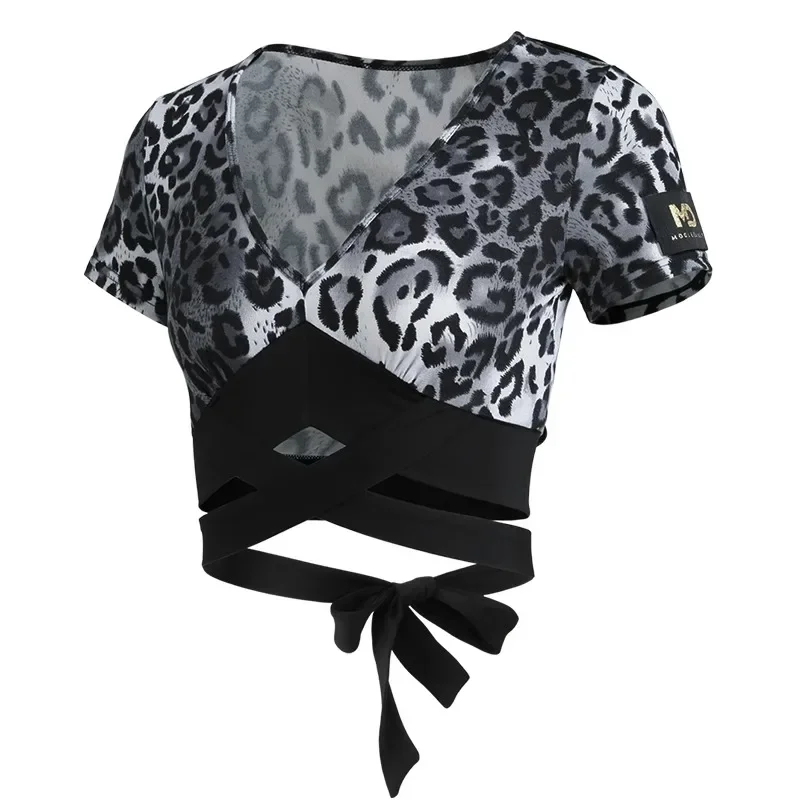 Haut de danse latine personnalisé pour femmes, vêtements imprimé léopard, manches courtes, tenue d'entraînement Sexy, pantalon de Costume professionnel pour adultes