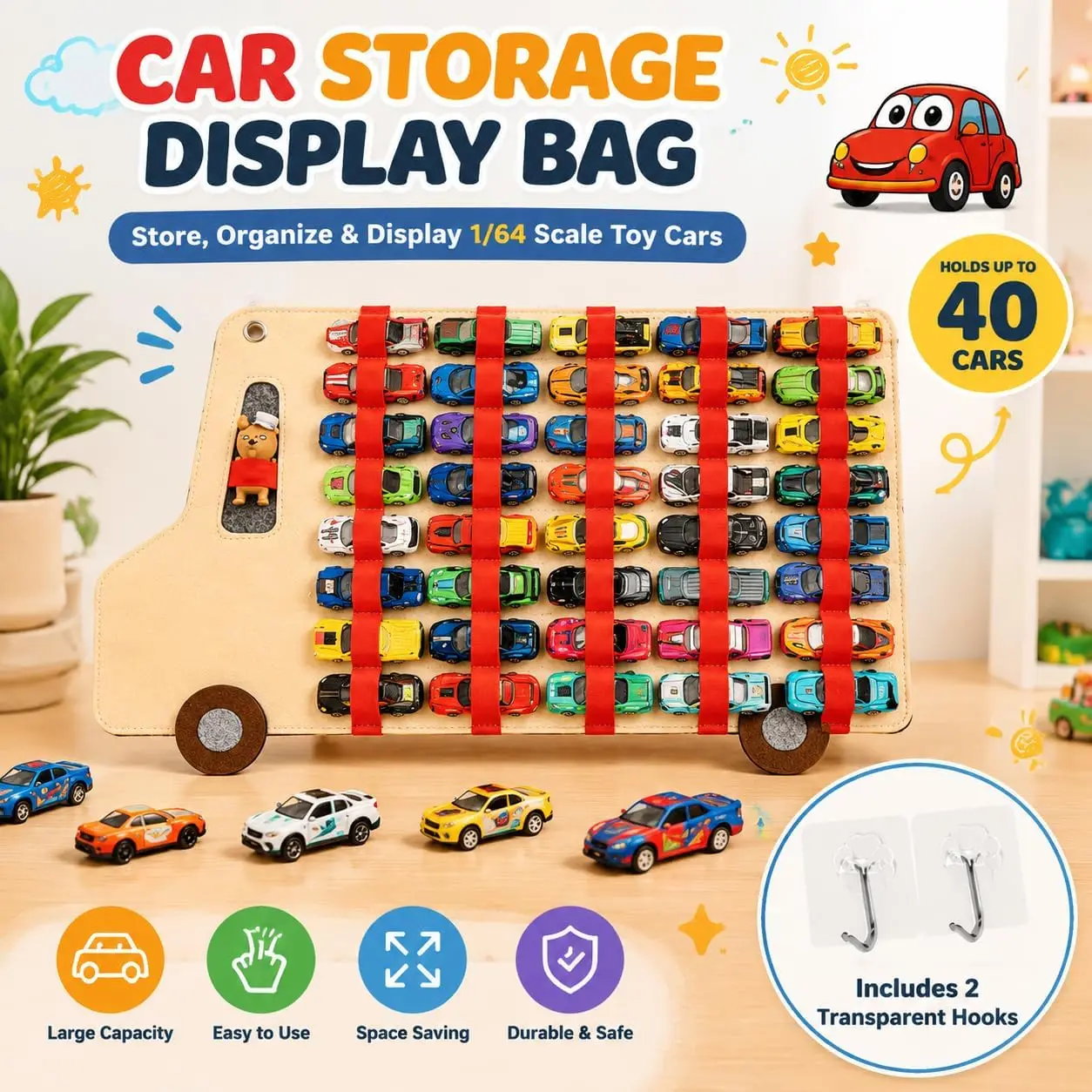 Hanging Storage Organizer for 1/64 Diecast Model Car Holds up 40 Toy Cars Toy Car Display Hanging Bag for Living Room Shop