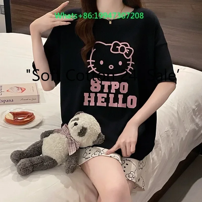 

Summer Hello Kitty pajamas new cotton pullover short-sleeved shorts two-piece set cute sweet casual Hello Kitty loungewear set