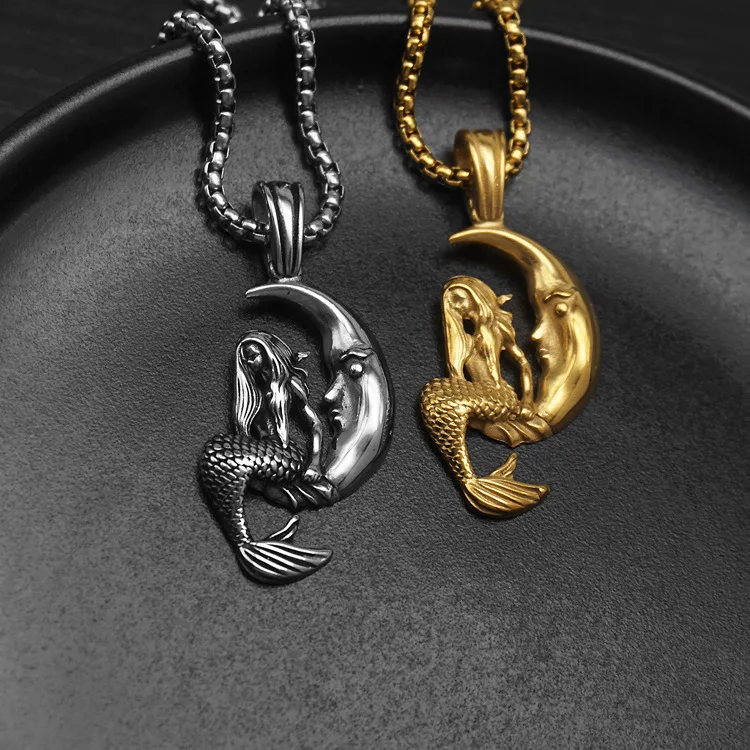 Ocean Elements Style Silver Color Bend Moon Mermaid Stainless Steel Pendant Necklace UNISEX Trendy Party Jewelry Necklace