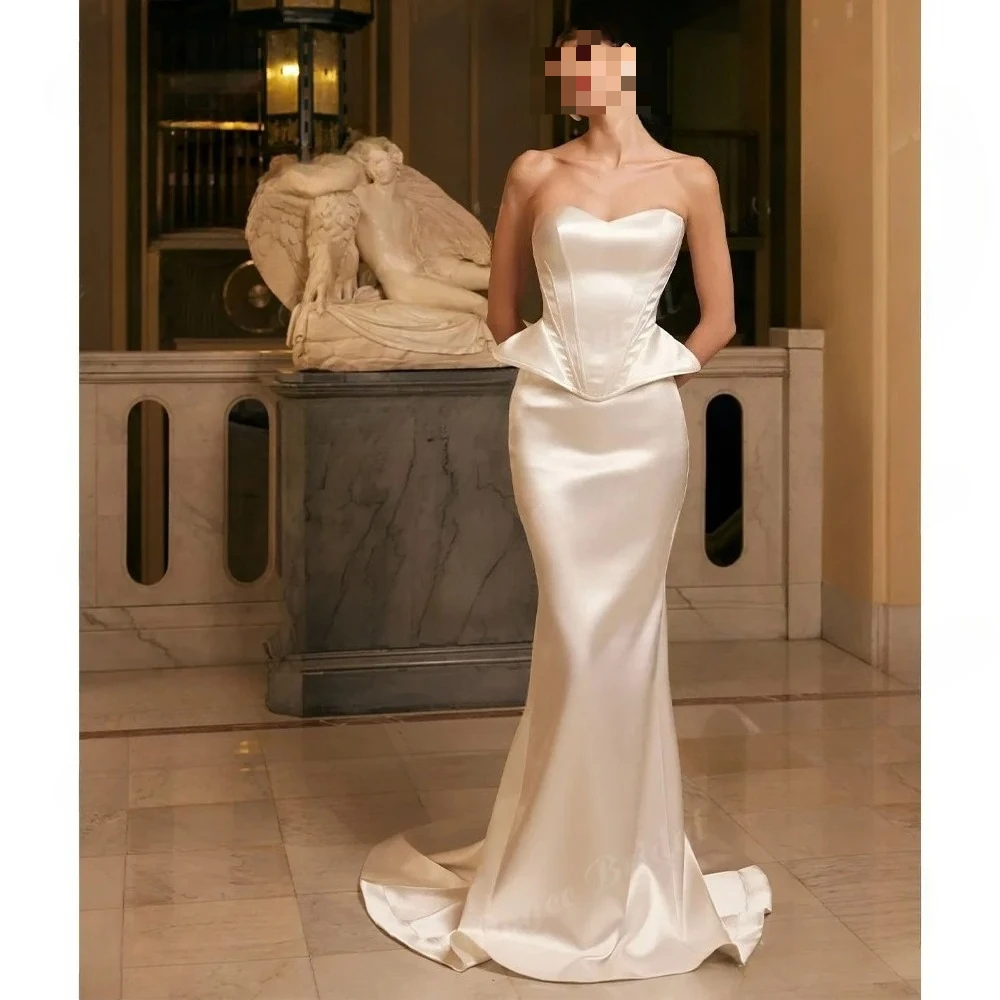 High Quality Elegant Customized Strapless Satin Gown Puff Sleeve Regal Elegant Luxury Venue Wedding Sophistication Customized