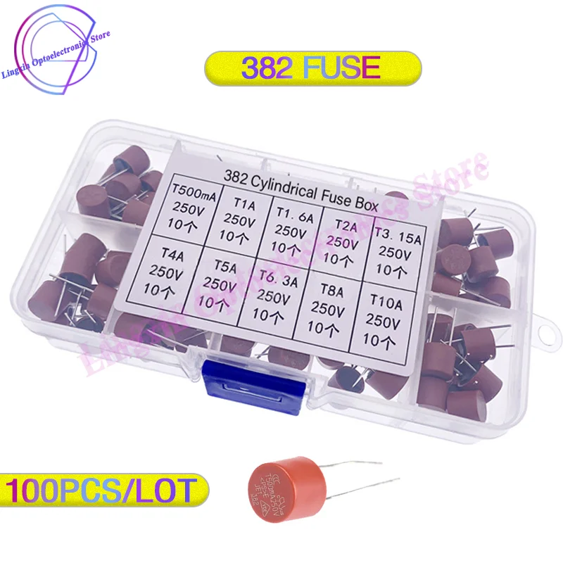 100Pcs/lot 382 cylindrical fuse packing mixed box 8*8MM T500mA T1A T1.6A T2A T3.15A T4A T5A T10A 250V 10 specifications, each 10