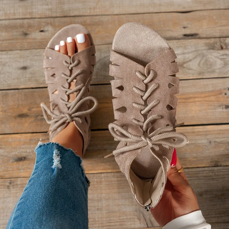 Retro Hollow Flat Round-toe Lace-up Sandals for Women, Stylish and Simple for A Beach Vacation Look. Size 36-43, Extra Large.