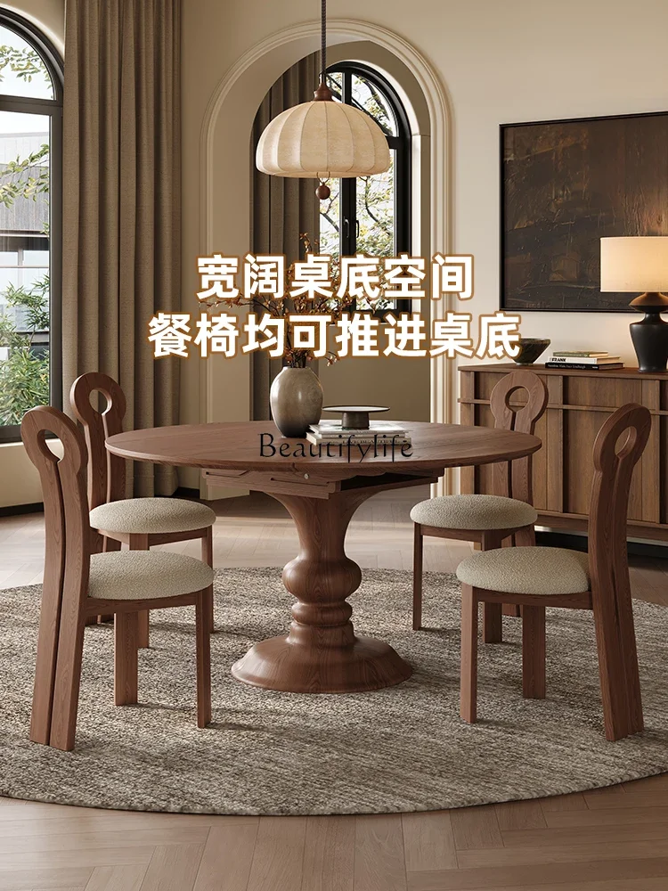 

yj5 All Solid Wood Round Telescopic Dining Table Household Small Apartment Folding Dining Table White Wax Wood
