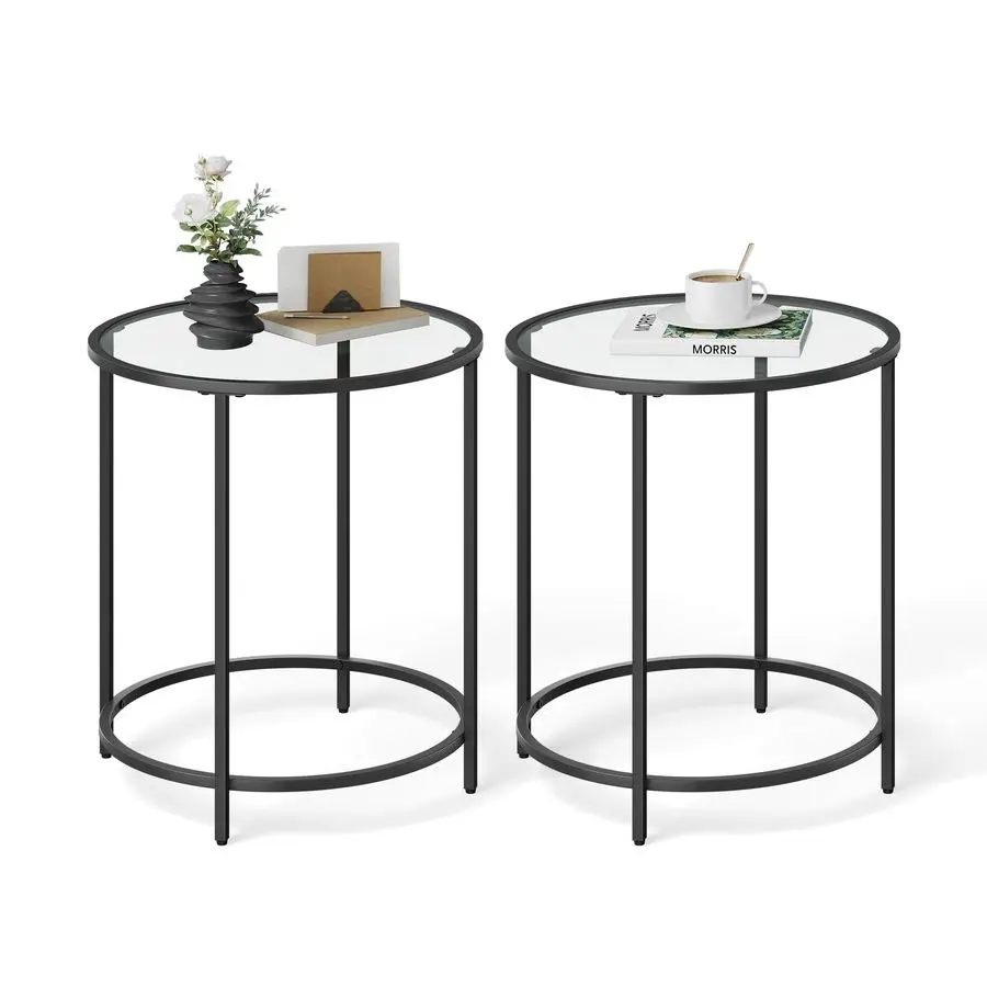 

Round Side Tables, Set of 2, Glass End Tables with Metal Frame, Black Coffee Tables with Modern Style, for Living Room, Balcony