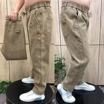 Pantalones holgados para hombre, pantalones informales para correr, moda elástica, cintura alta, rectos, ropa holgada de mediana edad, pantalones gruesos y cálidos para hombre