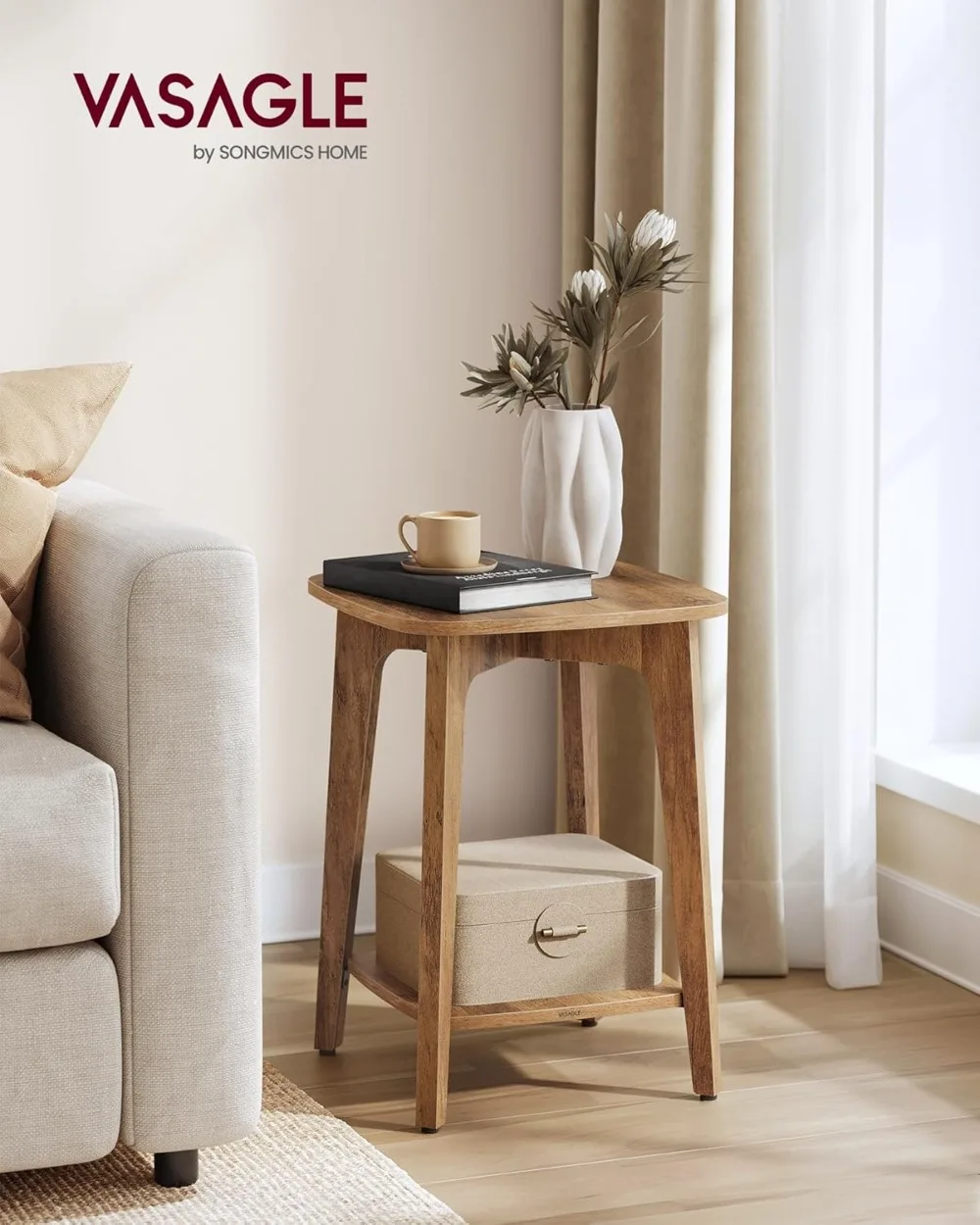 

2-Tier Small Square End Table with Tapered Legs, Compact Nightstand for Living Room & Bedroom, Honey Brown Finish