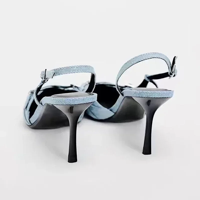 Sexy Pointed Toe High Heel Sandals for Lady Blue Denim Stilettos Fashion Buckle Strap Elegant Women's Shoes 2025 Summer Footwear image 3