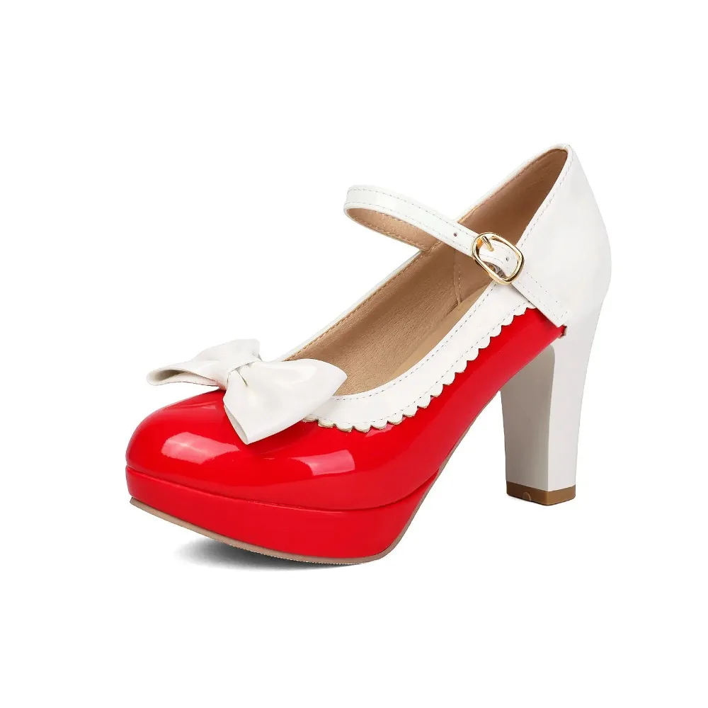 Women's Sweet Cosplay Lolita Pumps Mary Jane Shoes Two-tone Color Block Glossy Patent Leather Ankle Strap Walkwear