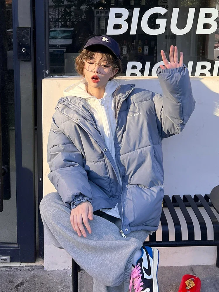 Women Korean Style Long Sleeve Oversize Winter Clothes 2024 New Jacket Short Parkas Hooded Solid Color Down Cotton Coat