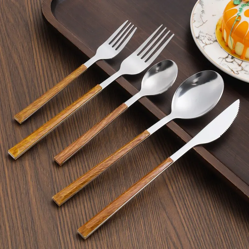 30pcs Stainless Steel Imitation Wooden Handle Cutlery Set Dinnerware Clamp Western Tableware Knife Fork Tea Spoon