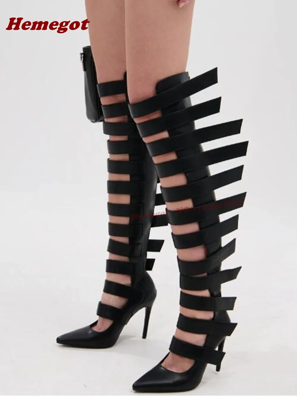 

Черные сандалии-гладиаторы с вырезами на липучке, женские сандалии на шпильке с острым носком, однотонная повседневная обувь выше колена, роскошная обувь