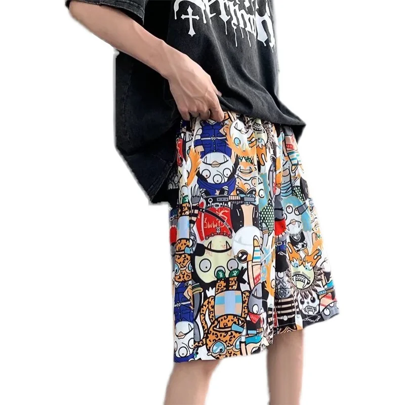 

Summer Ice Silk orts Men's Loose Thin Outerwear Beach Sle Cartoon Print Casual Straight Leg Pants Hip Hop Faion Ci Sle