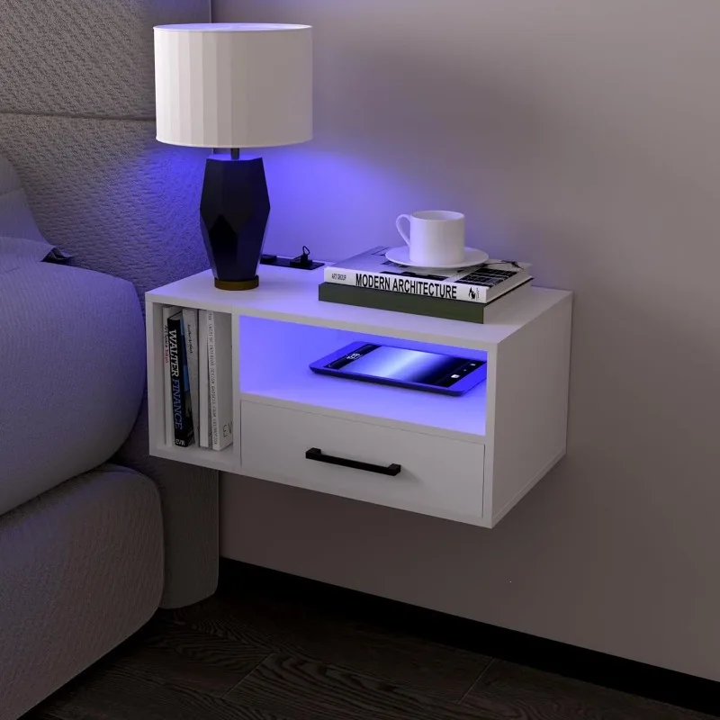 Floating bedside table with charging station and LED light with drawers