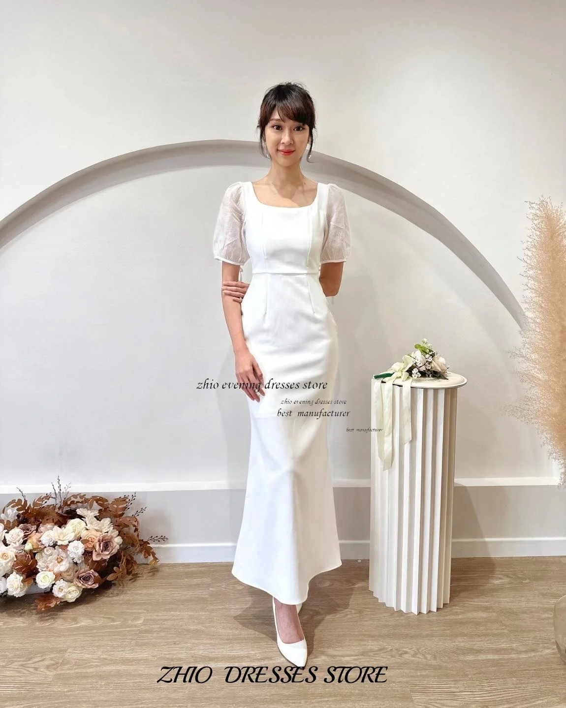ZHIO простое современное свадебное платье трапециевидной формы с квадратным вырезом и пышными рукавами на заказ, атласное элегантное свадебное платье, длинное минималистское платье для фотосессии