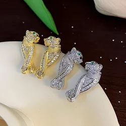 European and American Micro Inlaid with Rhinestones Leopard Zircon Leopard Head Earrings for Women Jewelry.