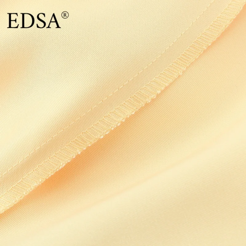 EDSA 女性イエローサテンミディドレスホルターネックハイウエストノースリーブオープンバック女性のロングドレスパーティーホリデー用