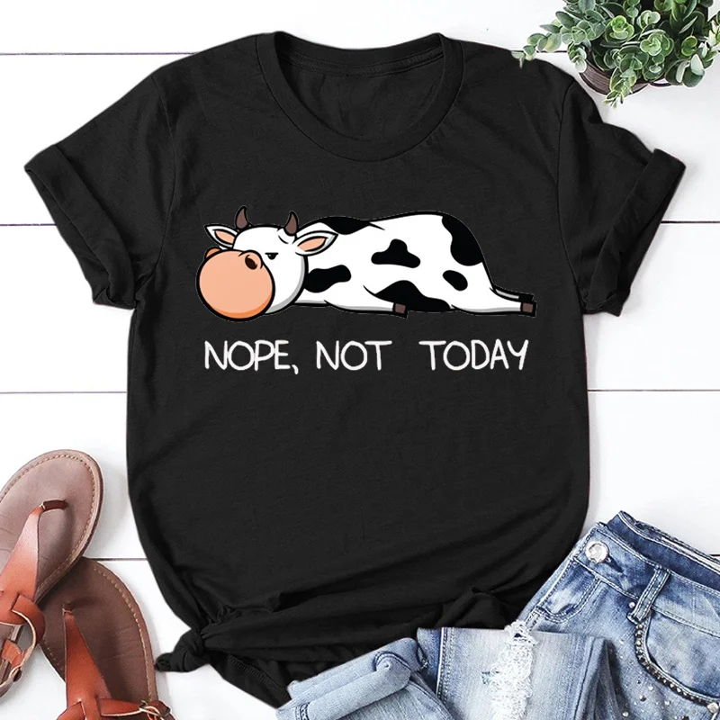 Cute Cows Nope Not Today T-shirts For Women Summer Tee Shirt Femme Casual Short Sleeve Round Neck Tops T-shirts