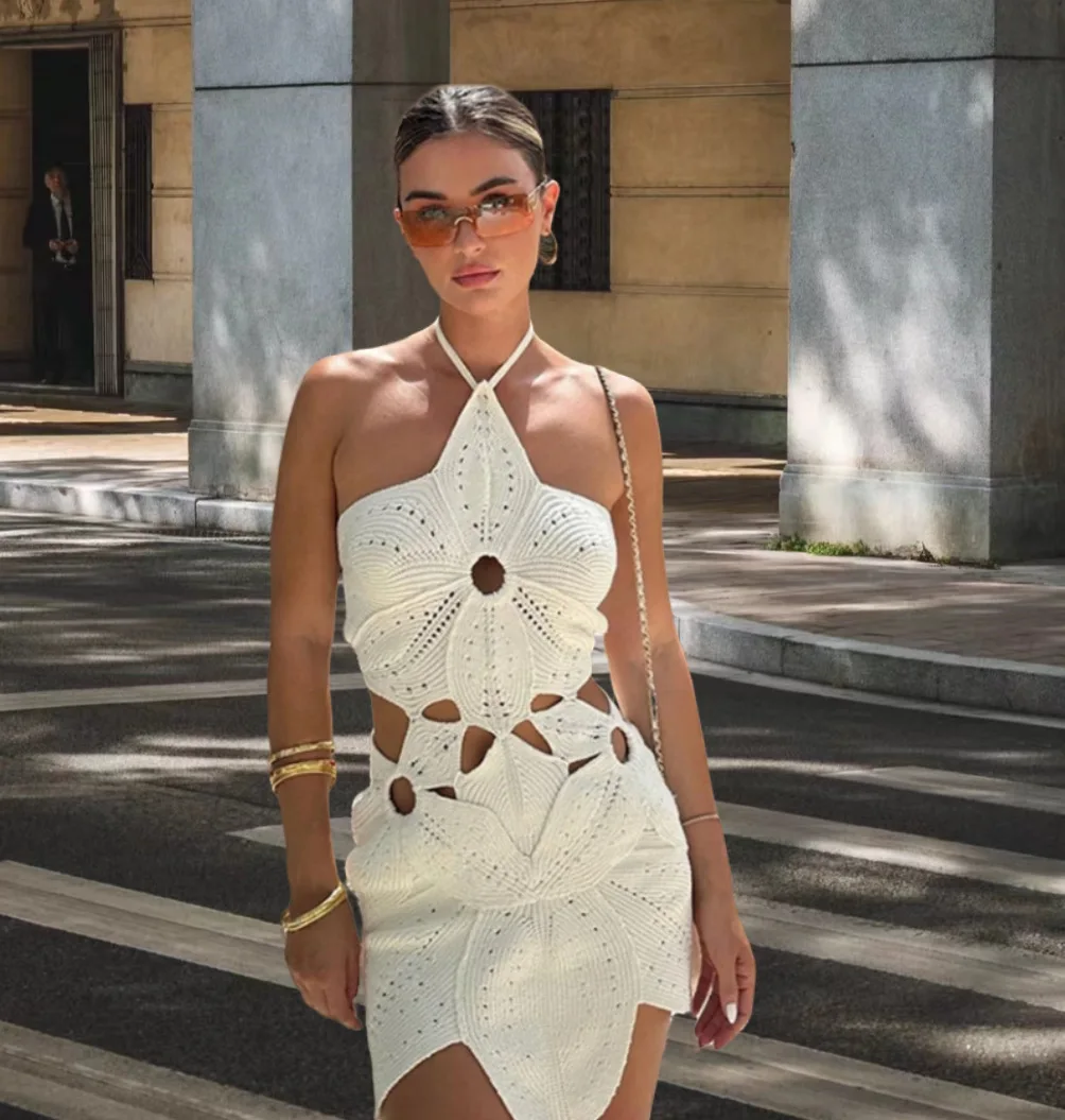 Sexy Knit Crochet Hollow Out Mini Dress Summer Irregular Halter Off Shoulder Backless White Dresses 2024 Lady Beach Vestidos