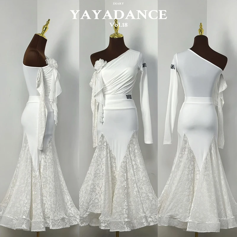 Neue Weiße Latin Ballroom Dance Kleidung Frauen Schräg Schulter Tops Fringe Rock Spitze Ballsaal Rock Prom Wettbewerb Kleid BL14529