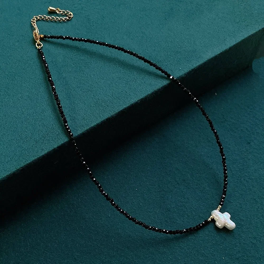 Small Black Obsidian Stone Choker Necklace Irregular Cross Charm Drop Braoque Pearl Pendulum Short Necklace Healing Jewelry