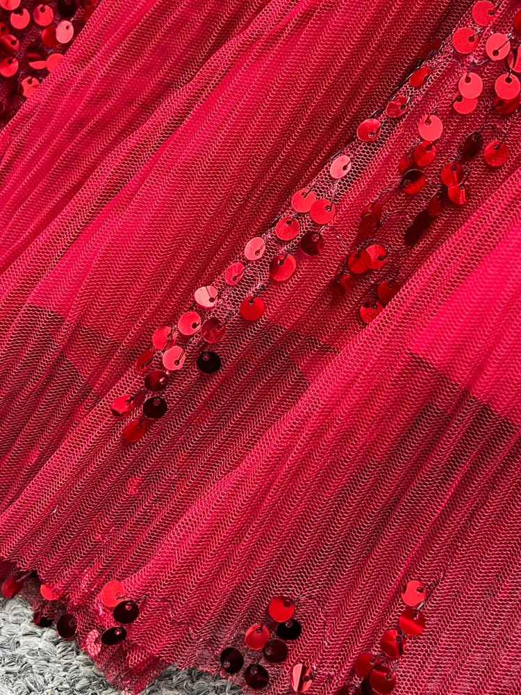 فستان نسائي مزين بالترتر شبكي مرقع شتوي فرنسي اجتماعي برقبة دائرية مخملية مرقع الخصر فستان شبكي مزين بالترتر DS260 #6