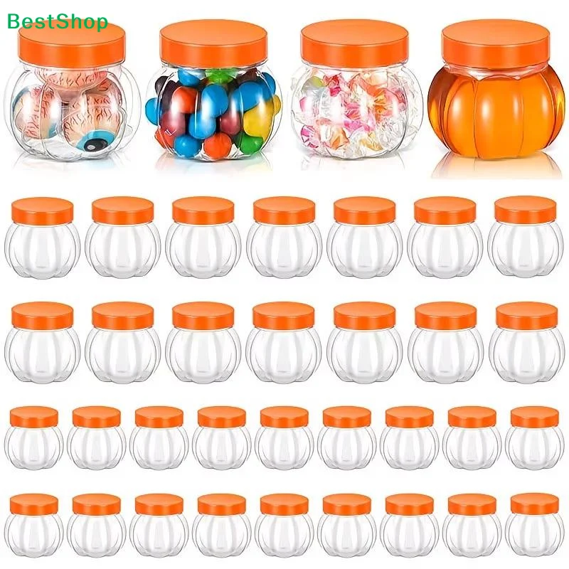 ♬5/10pcs Pumpkin Jar Transparent Plastic Candy Jars With Lid Halloween Parties Candy Boxes Snack Cookies Grain Tea Organizing