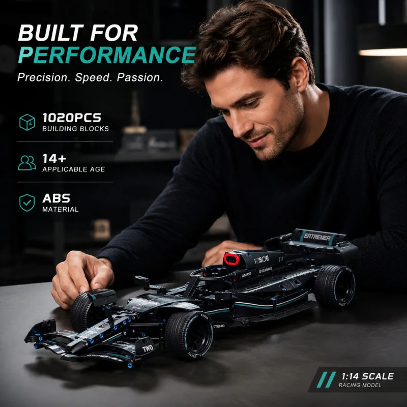 

1020PCS Black Formula Racing Car Building Blocks Set, 24.4in Grand Prix Style Race Car Model Kit, ABS Assembly Bricks Toy for Ag