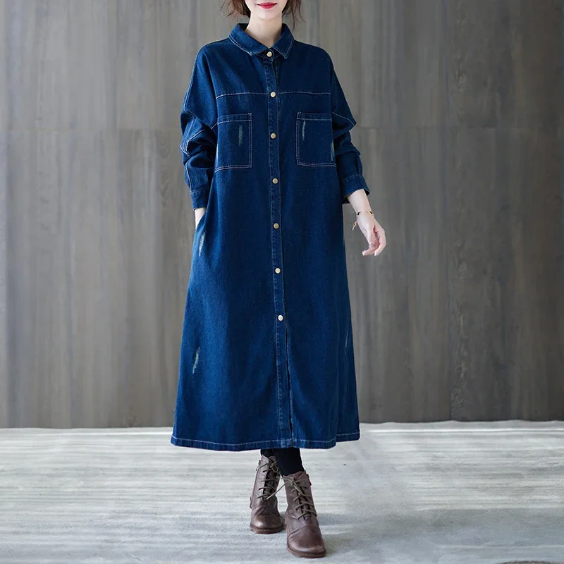 Women Fall Winter Long Denim Jacket Jean Turn Down Collar Pockets Korea Single Breasted Coat Thicken Warm Outerwear