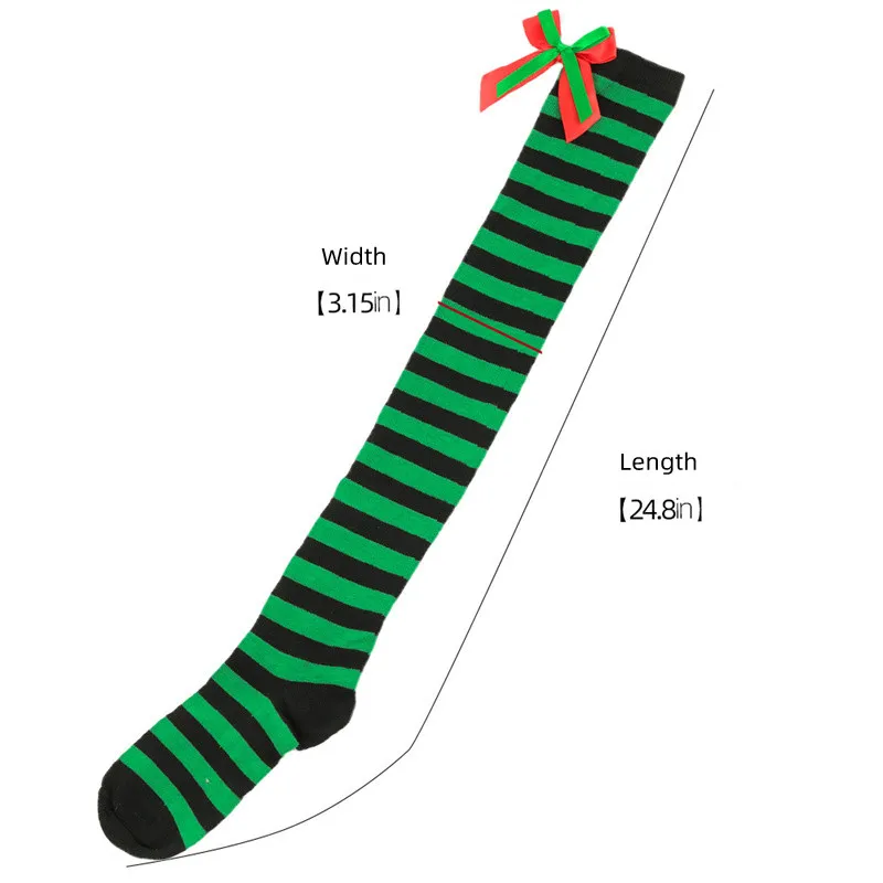 Over 12 Years Old Bow Tie Christmas Balls Socks Above Knee Knit Striped Stockings for Big Girls Women