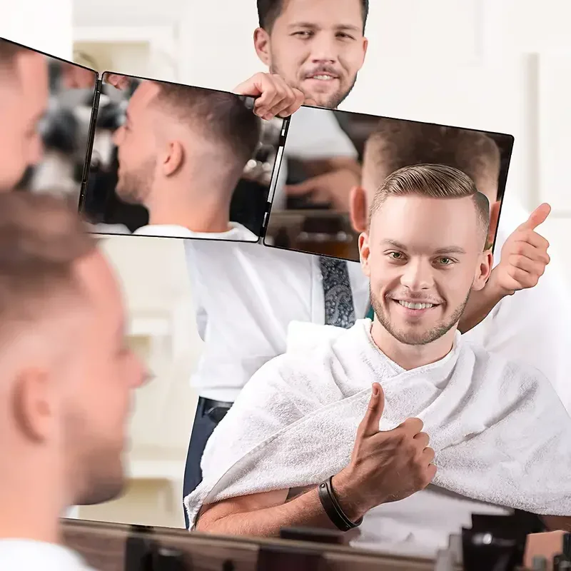 360 Trifold Mirror Portable with Height Adjustable Telescoping Hooks Ideal for Self Hair Cutting Makeup Essential Fordable