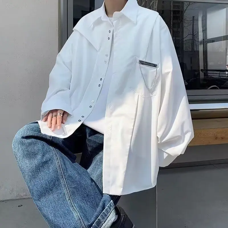 Trendy Brand Design Chain Men's 2024 Splicing Square Collar Button Pocket Fashion Solid Color Casual Loose Long Sleeve Shirts