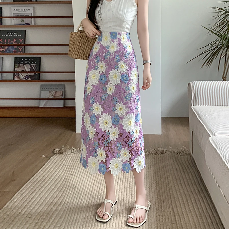 

2025 New Spring Summer Women High Waist Slim Long Skirt High Quality Elegant Split Hem Hollow Out Colorful Floal Lace Skirt