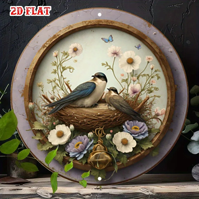 2D Flat Round Metal Sign Vintage Frame Two Swallow Birds Nest Wild Flowers Butterfly Rustic Farmhouse Nature Wall Decor Plaque