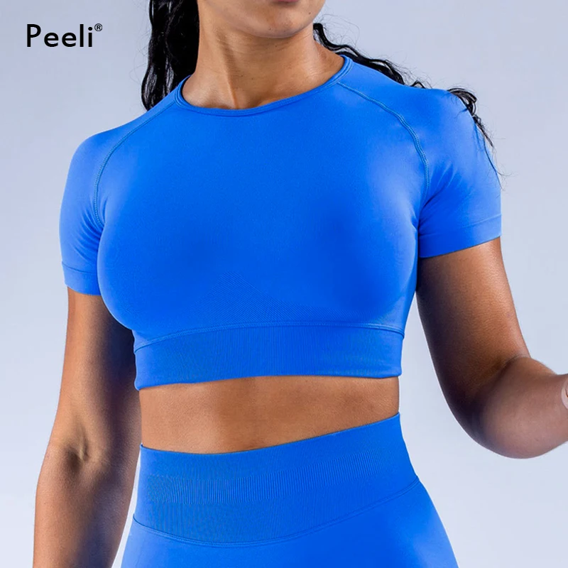 Impact Gym Crop Top per donna manica corta senza cuciture Yoga Top magliette sportive a coste Fitness Workout Tee sport Top Activewear