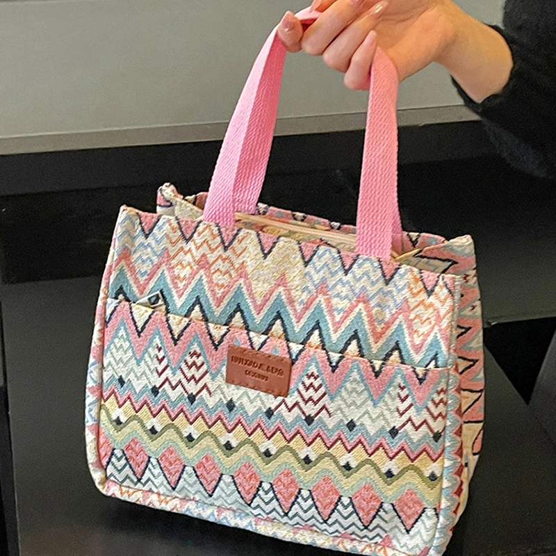 Bohemian Ethno-Stil Geometrischer Druck Canvas-Tragetasche, Bunte Zickzack-Muster Handtasche für Damen, Große Kapazität Pendler-Schultertasche – Detail 16