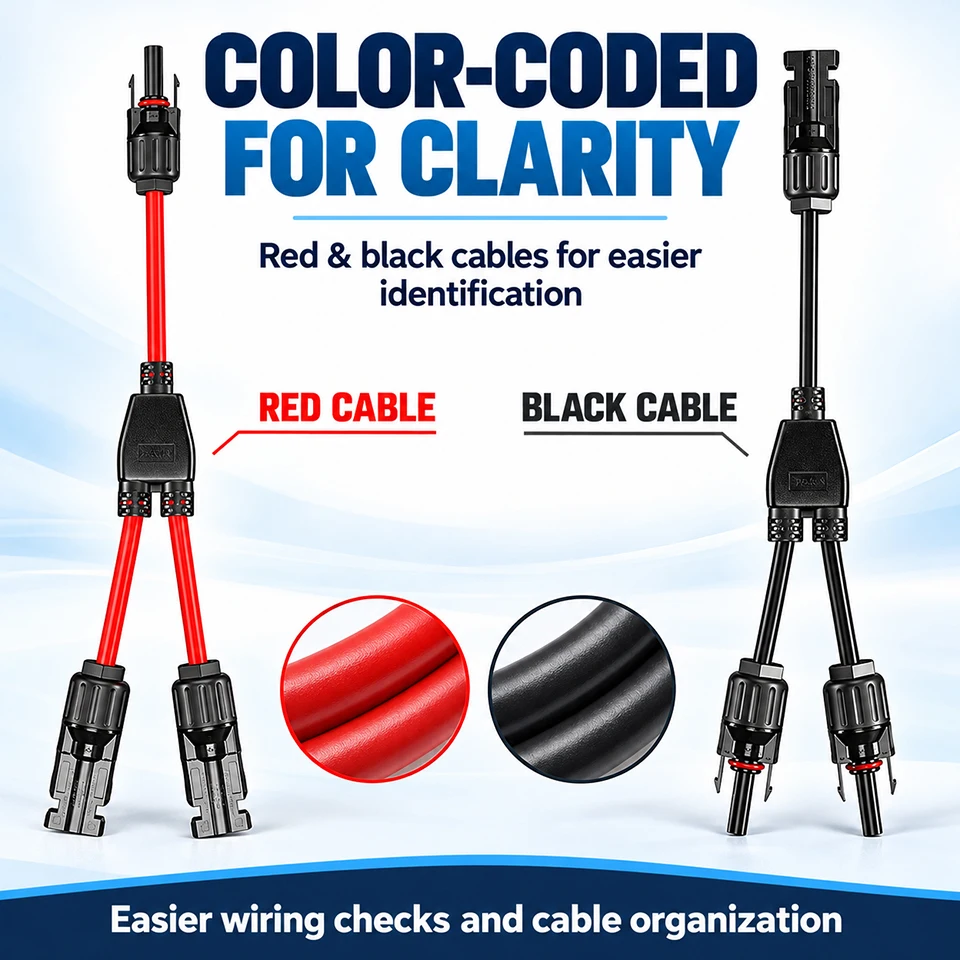 Solar Panel Y Branch Connector Cables 2 to 1 Parallel Adapter Red Black 4mm2 6mm2 30A 45A 50A for RV Camping Off Grid PV Systems