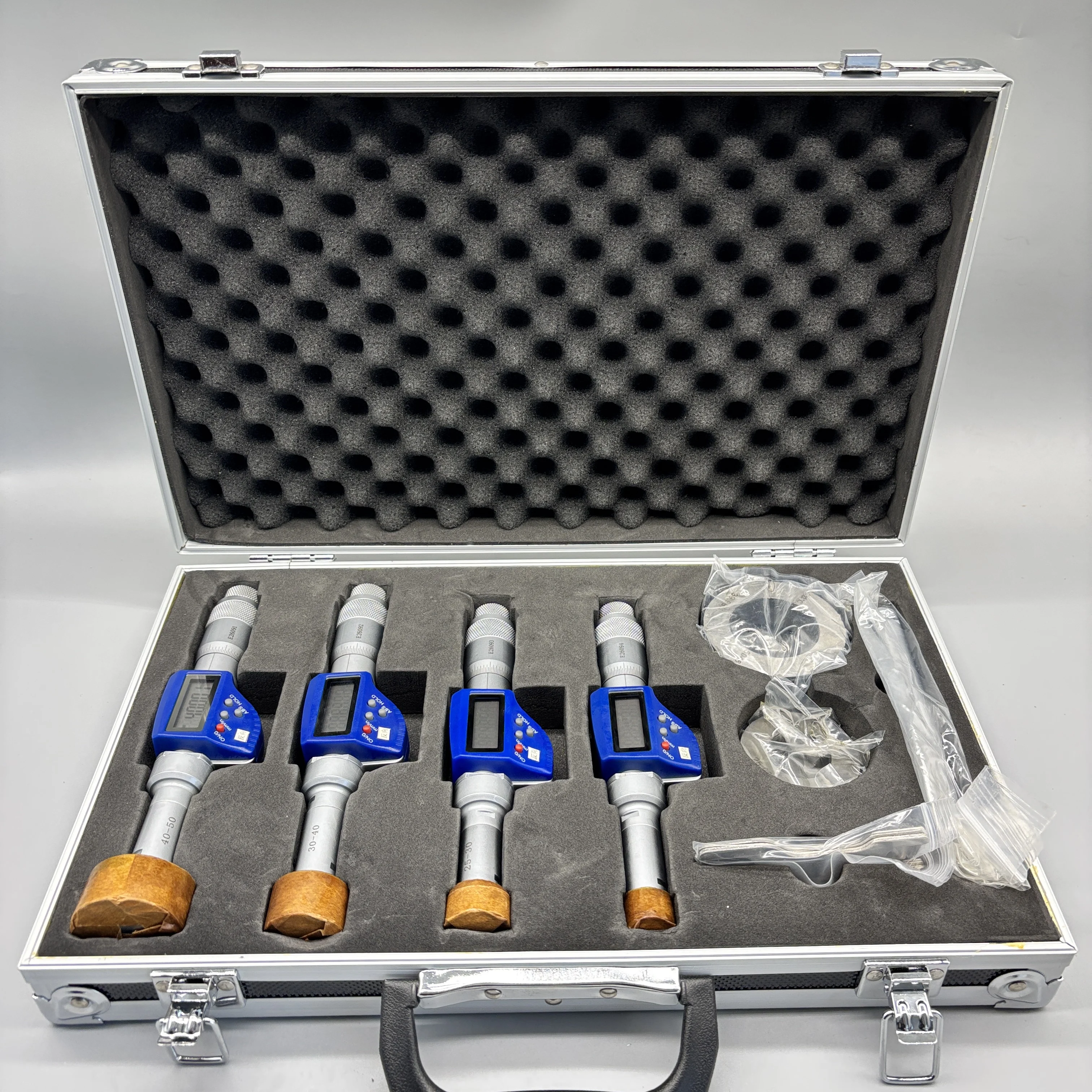 Set Of Four Large Digital Three Points Internal Micrometer Measuring Tools Set 50-100mm Setting Ring Aluminum Box