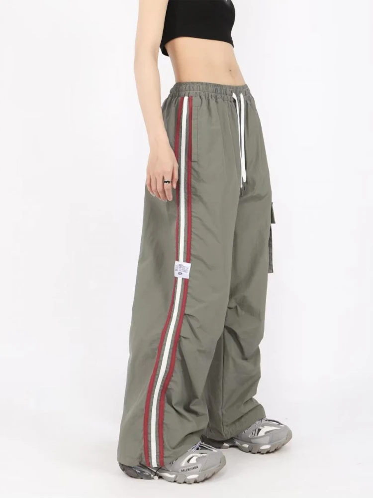 QWEEK Y2K Cargo Pants Women Baggy Vintage High Waist Stripe Sweatpants Casual Loose Drawstring Parachute Wide Leg Jogger Pants