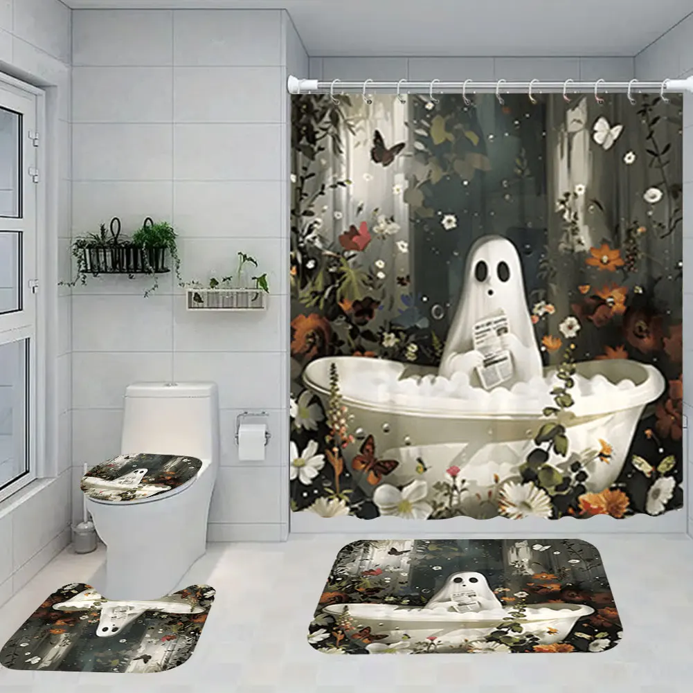 Halloween Shower Curtain Set Cute Cartoon Ghost Rug Toilet Lid Cover Washable Polyester Fabric Bathtub Curtain Bathroom Decor